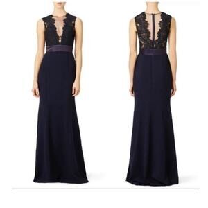 Theia Women's Blue Dramatic Lace Neck Formal Evening Deep Midnight Gown Size 4